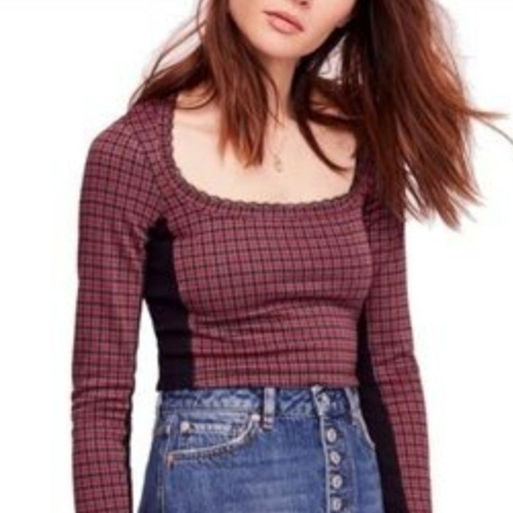 Free People Boston Long Sleeve Cropped Tee Top Med Red Black Houndstooth Boho